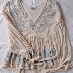 Cream, Blue Embroidered Boho Style Blouse by American Eagle Outfitters